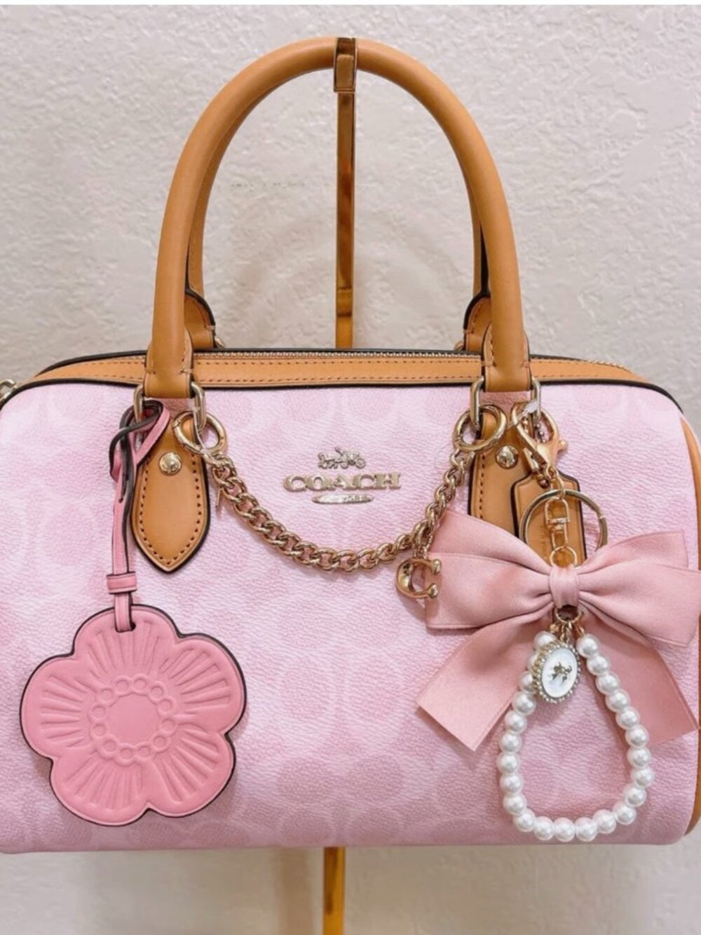 NWT Coach Rowan Satchel Bag In Signature With Charms CEA18 powder pink